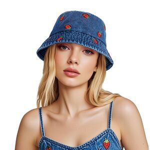 6823 Strawberry Embroidered Denim Bucket Hat Blue Jean Fruits Print